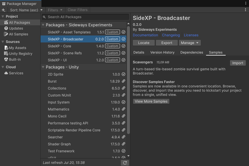 Samples tab in Package Manager window