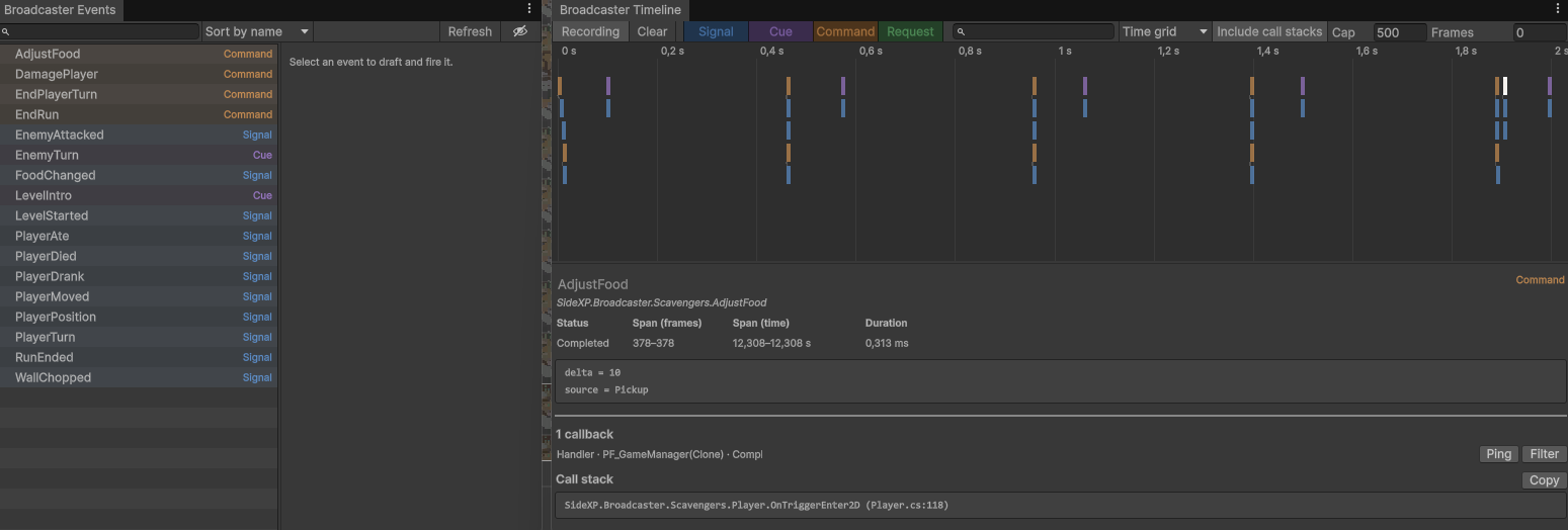 Events catalog and Timeline windows side by side