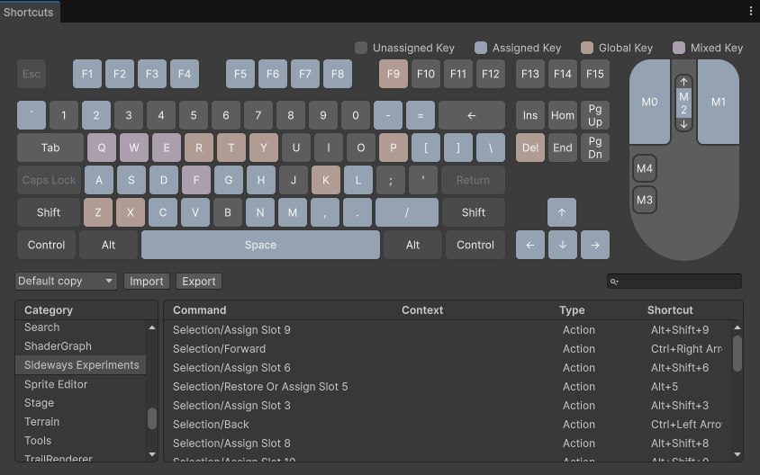 Selection shortcuts in the Shortcuts window